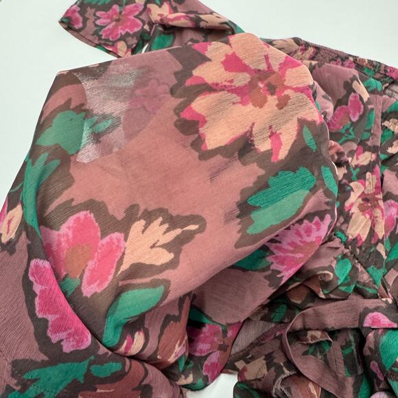 Free People Tunic Womens Small Purple Pink Floral Flume Smocked Wrap Sheer Boho - Picture 10 of 10